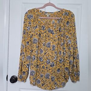 Lucky Brand Floral Peasant Blouse Yellow Smocked Neck Boho Top Large